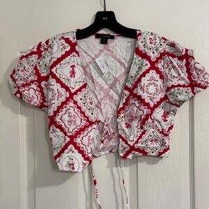 Red Floral Print Tie-Front Crop Top